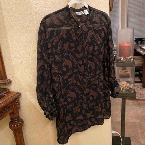 Vintage CHICO’S Women People Animal Print Tunic Sheer Button Shirt Size 2(12-L) - Picture 2 of 9